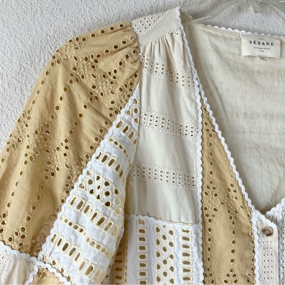 SEZANE Eyelet Patchwork Midi Dress Matissa Long Sleeve Cottagecore Peasant 4 US - Picture 6 of 16